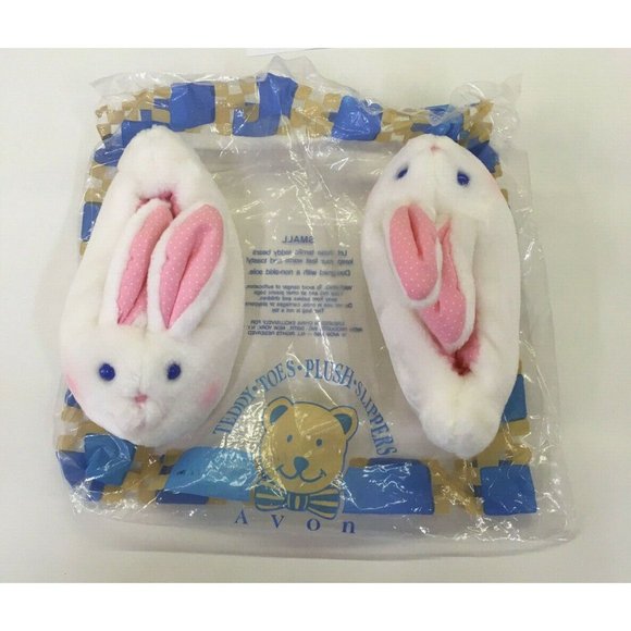 TEDDY TOES PLUSH SLIPPERS White Blue Eyed Bunnies- Rabbit Shoes - Picture 2 of 5